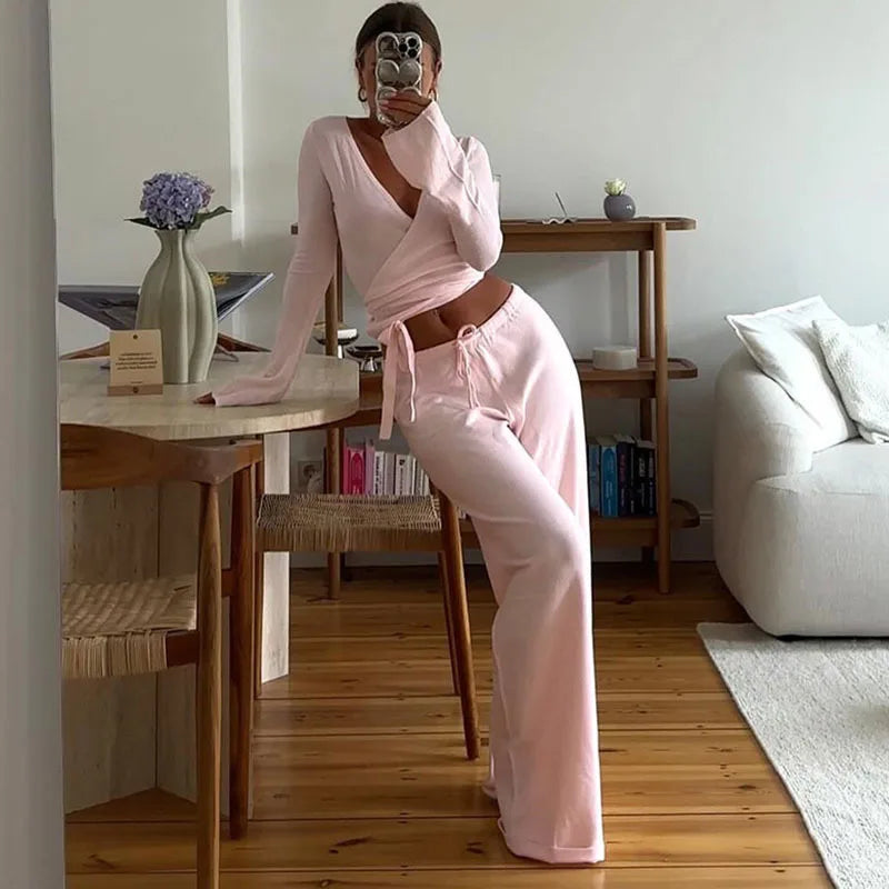 Apprabant Casual Fashion Drawstring High Waist Trousers Set Lace Up Flared Sleeve V Neck Twist Tops Plush Loose Pants Suit