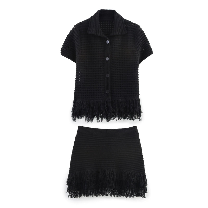 Sexy Irregular Solid Knit Short Skirt Sets Women Chic Sleeveless Hollow Out Single Breasted Top 2 Piece Suit Holiday Street Wear