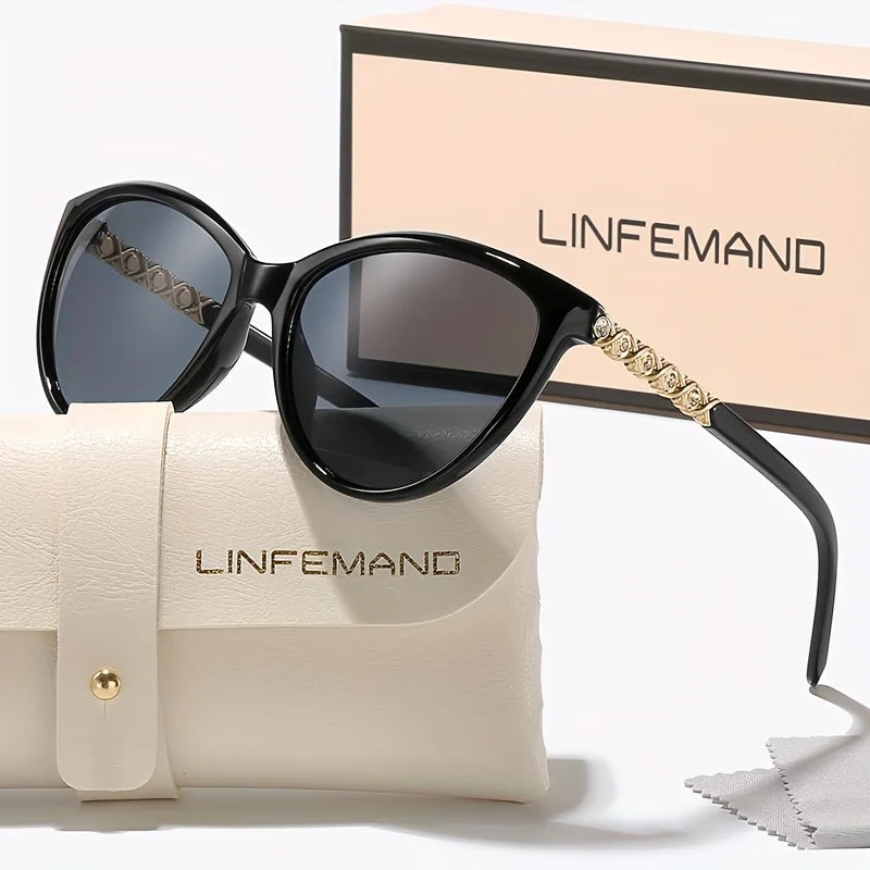 LINFEMAND Cat Eye Decorative Fashion Sunglasses UV400 Brand Engraved Design Summer Festival Gift