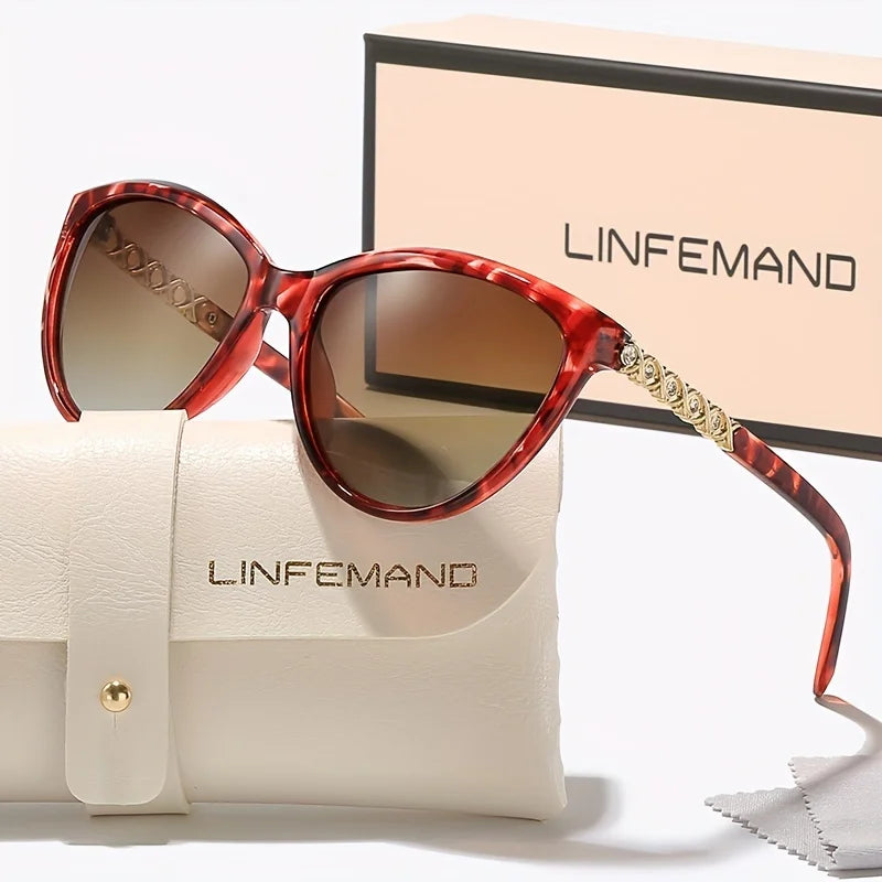 LINFEMAND Cat Eye Decorative Fashion Sunglasses UV400 Brand Engraved Design Summer Festival Gift
