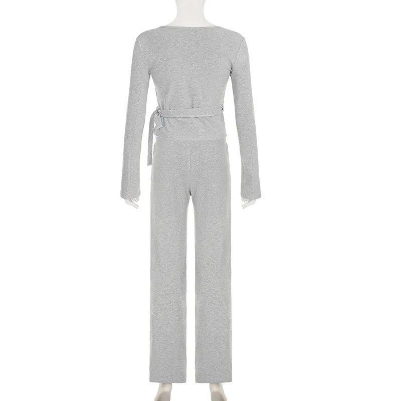 Apprabant Casual Fashion Drawstring High Waist Trousers Set Lace Up Flared Sleeve V Neck Twist Tops Plush Loose Pants Suit