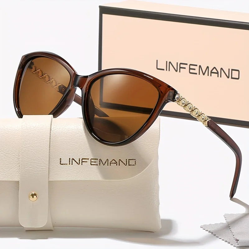 LINFEMAND Cat Eye Decorative Fashion Sunglasses UV400 Brand Engraved Design Summer Festival Gift