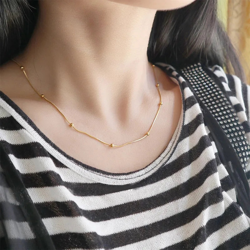 ANENJERY 316L Stainless Steel Beads Snake Bone Chain Necklace for Women Basic Simple Clavicle Necklace Jewelry Gift