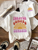 Sunset and letter graffiti print short-sleeved T-shirt casual and versatile style suitable for children's daily summer wear