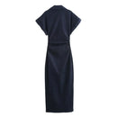 ETJ 2025  Spring New 1975 series denim MIDI dress with lapel side zipper fashion wrinkle waist slim elegant dress