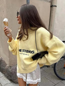 Round Neck Letter Print Knitted Top Women's Loose Long Sleeve Pleated Casual Sweaters Lady 2025 Daily Street Commute Outfits