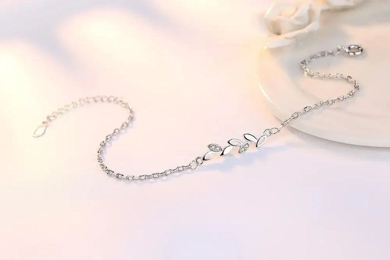 925 Sterling Silver Leaves Charm Bracelets For Women Crystal Jewelry pulseira