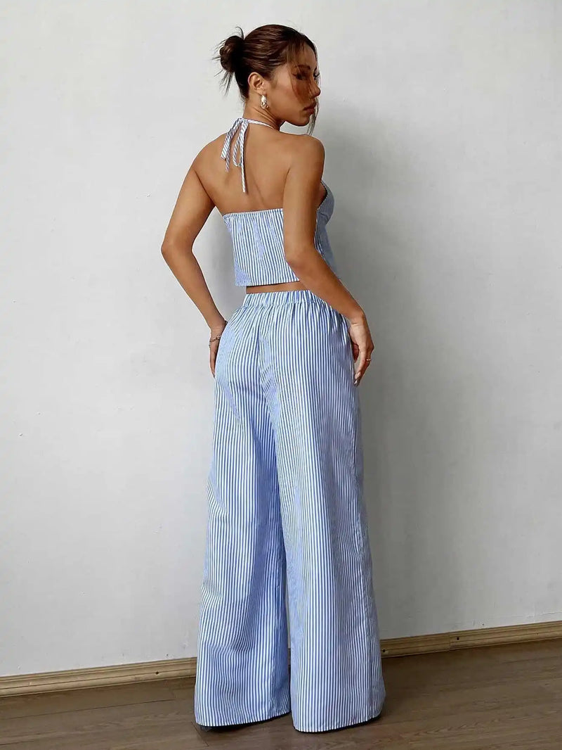 Striped Lace Up Camisole Collar Sleeveless Backless Hollowed Out Vest With Elastic Straight Leg Loose Pants Casual Two-piece Set