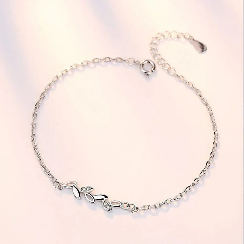 925 Sterling Silver Leaves Charm Bracelets For Women Crystal Jewelry pulseira
