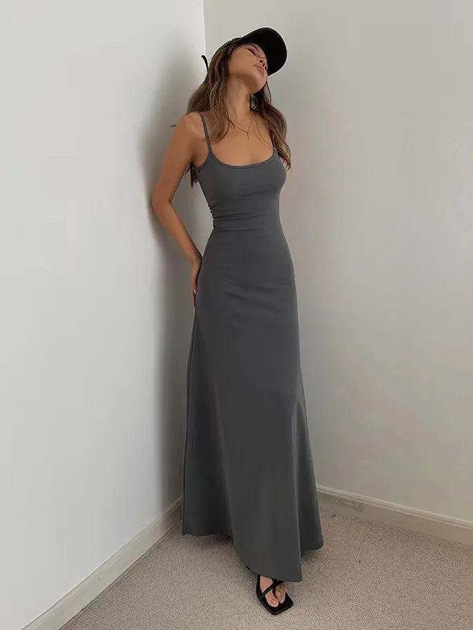 2025 Summer Women's New Fashion Simple Temperament Suspender Long Backless Slim Waisted Sexy Sweet And Spicy Casual Dresses