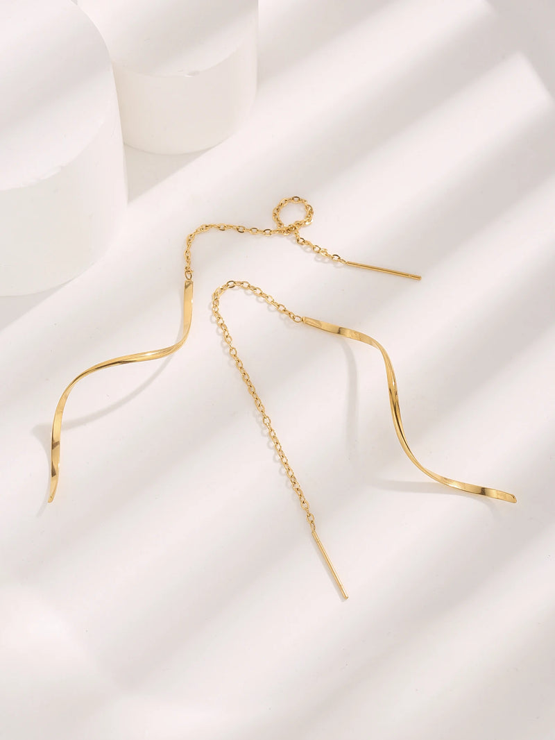 Stainless Steel 18K Gold Plated Curve Dangle Earrings for Women Teen Girls Wave Dangle Earrings Threader Tassel