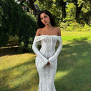 Oligai Elegant Off The Shoulder Bodycon Dress 2024 New in White Flare Sleeve Lace Maxi Dress Wedding Guest Dress for Women
