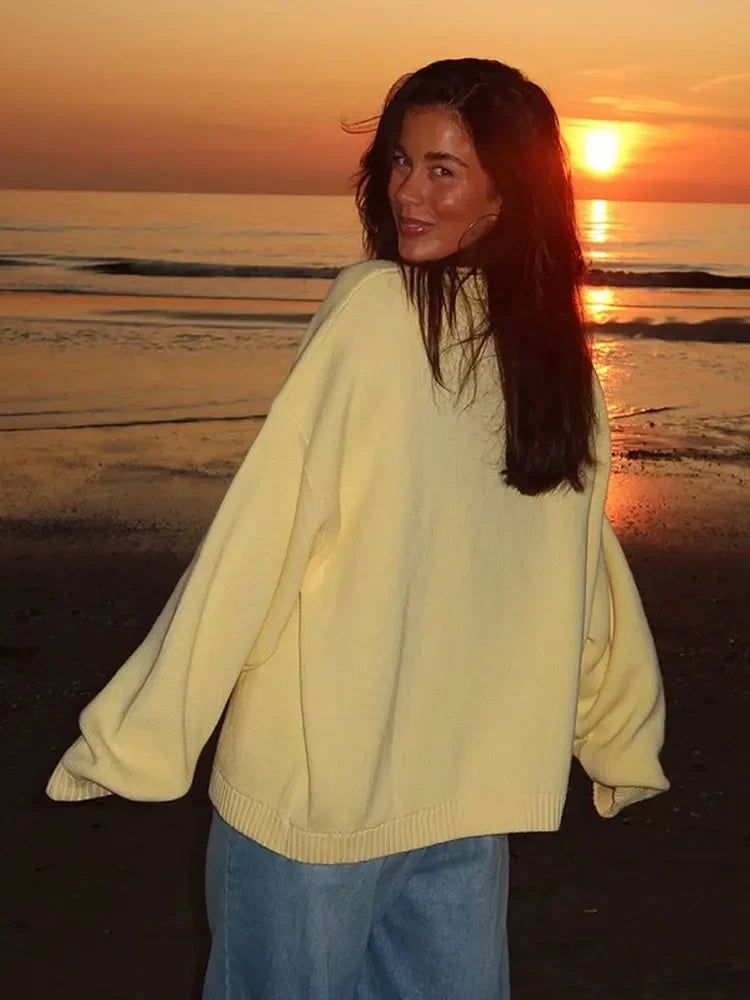 Round Neck Letter Print Knitted Top Women's Loose Long Sleeve Pleated Casual Sweaters Lady 2025 Daily Street Commute Outfits