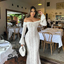Oligai Elegant Off The Shoulder Bodycon Dress 2024 New in White Flare Sleeve Lace Maxi Dress Wedding Guest Dress for Women