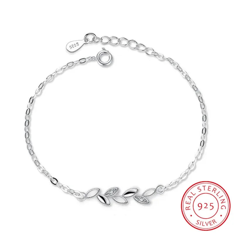 925 Sterling Silver Leaves Charm Bracelets For Women Crystal Jewelry pulseira