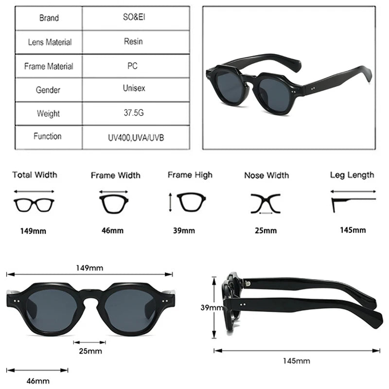 SO&EI Fashion Small Polygon Square Sunglasses Women Retro Rivets Shades UV400 Men Red Blue Sun Glasses