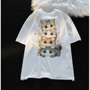 Cute Cartoon Cat Print Women's Round Neck Short Sleeved T-shirt Casual Loose Versatile Summer Tshirt