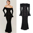 Oligai Elegant Off The Shoulder Bodycon Dress 2024 New in White Flare Sleeve Lace Maxi Dress Wedding Guest Dress for Women