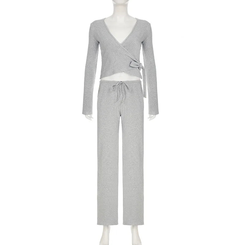 Apprabant Casual Fashion Drawstring High Waist Trousers Set Lace Up Flared Sleeve V Neck Twist Tops Plush Loose Pants Suit