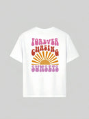 Sunset and letter graffiti print short-sleeved T-shirt casual and versatile style suitable for children's daily summer wear