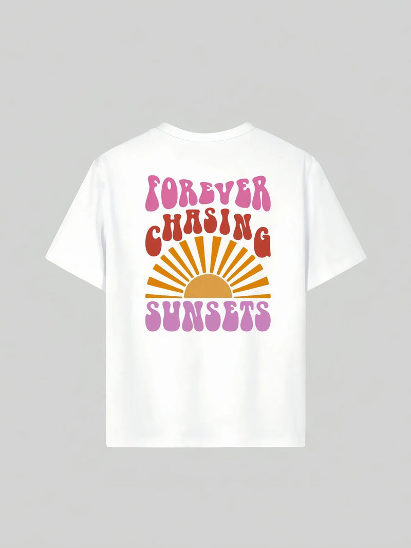 Sunset and letter graffiti print short-sleeved T-shirt casual and versatile style suitable for children's daily summer wear