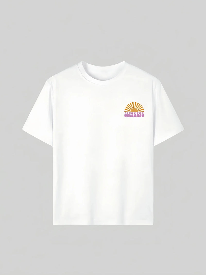 Sunset and letter graffiti print short-sleeved T-shirt casual and versatile style suitable for children's daily summer wear