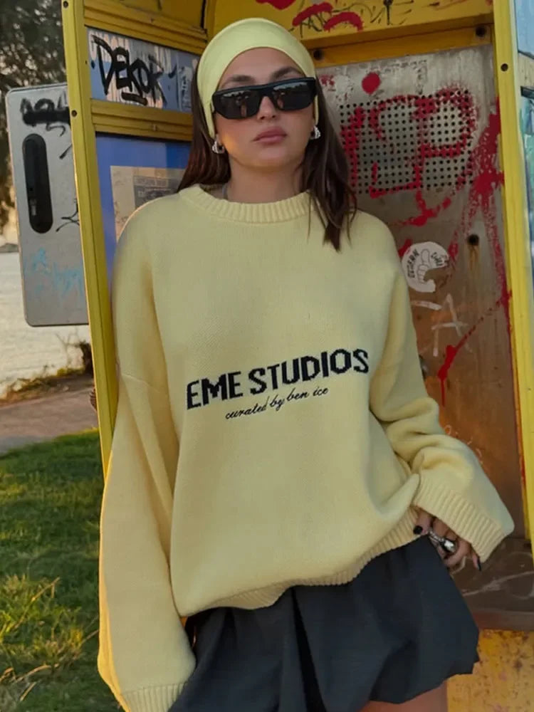 Round Neck Letter Print Knitted Top Women's Loose Long Sleeve Pleated Casual Sweaters Lady 2025 Daily Street Commute Outfits