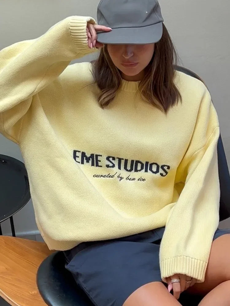 Round Neck Letter Print Knitted Top Women's Loose Long Sleeve Pleated Casual Sweaters Lady 2025 Daily Street Commute Outfits