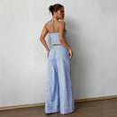 Striped Lace Up Camisole Collar Sleeveless Backless Hollowed Out Vest With Elastic Straight Leg Loose Pants Casual Two-piece Set