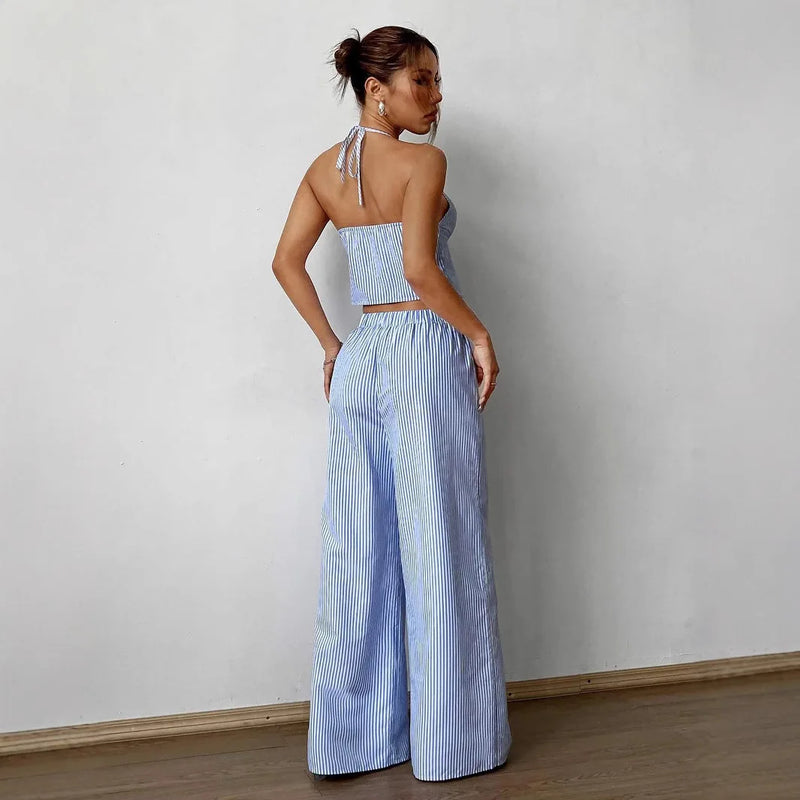 Striped Lace Up Camisole Collar Sleeveless Backless Hollowed Out Vest With Elastic Straight Leg Loose Pants Casual Two-piece Set
