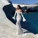 Oligai Elegant Off The Shoulder Bodycon Dress 2024 New in White Flare Sleeve Lace Maxi Dress Wedding Guest Dress for Women