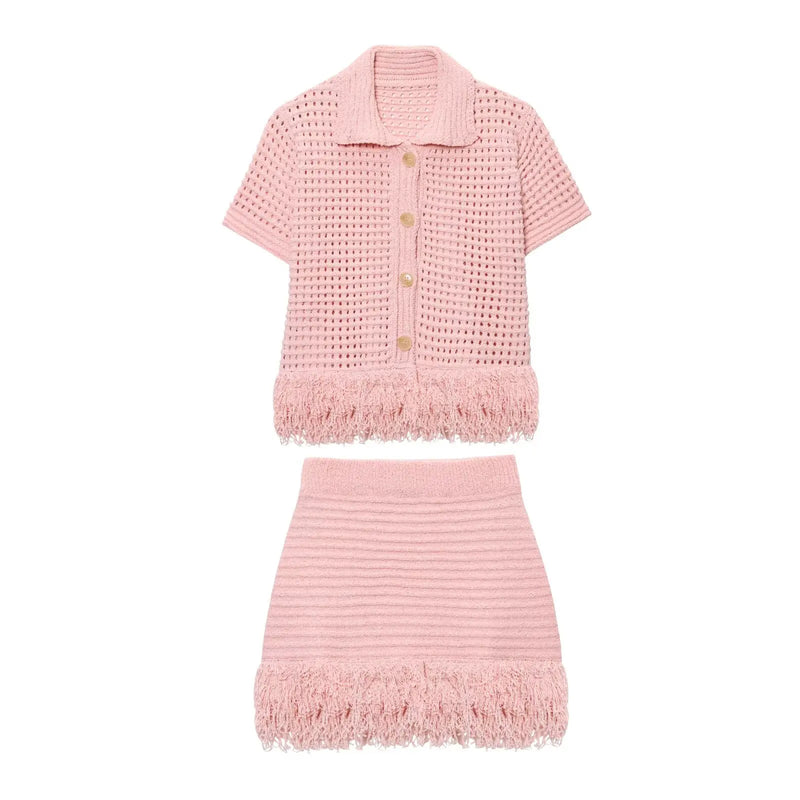 Sexy Irregular Solid Knit Short Skirt Sets Women Chic Sleeveless Hollow Out Single Breasted Top 2 Piece Suit Holiday Street Wear