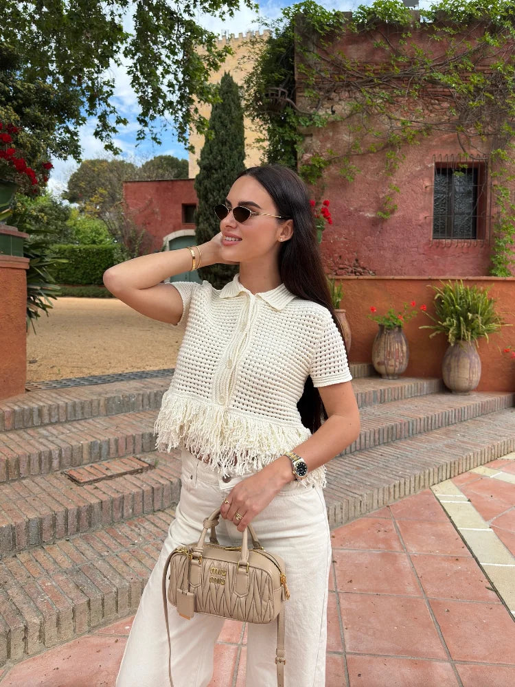 Sexy Irregular Solid Knit Short Skirt Sets Women Chic Sleeveless Hollow Out Single Breasted Top 2 Piece Suit Holiday Street Wear