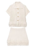 Sexy Irregular Solid Knit Short Skirt Sets Women Chic Sleeveless Hollow Out Single Breasted Top 2 Piece Suit Holiday Street Wear