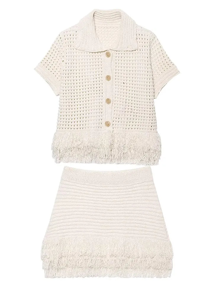 Sexy Irregular Solid Knit Short Skirt Sets Women Chic Sleeveless Hollow Out Single Breasted Top 2 Piece Suit Holiday Street Wear
