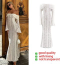 Oligai Elegant Off The Shoulder Bodycon Dress 2024 New in White Flare Sleeve Lace Maxi Dress Wedding Guest Dress for Women