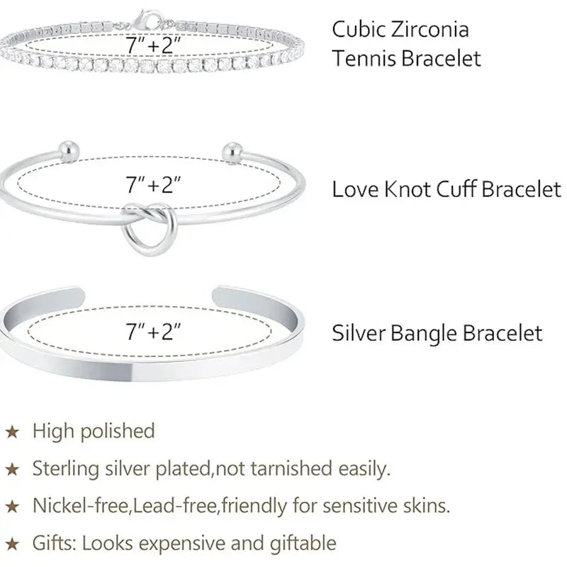 3pcs/set Stainless Steel Stack Cuff Bracelets for Women 14K Silver Plated Adjustable Jewelry Luxury CZ Chain Love Knot Bangles