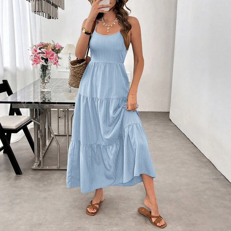 Mia Muse Summer Dresses 2025 Women's Beach Plain Bowknot Backless Spaghetti Strap Scoop Neck Layered Midi Basics Dresses