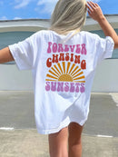 Sunset and letter graffiti print short-sleeved T-shirt casual and versatile style suitable for children's daily summer wear