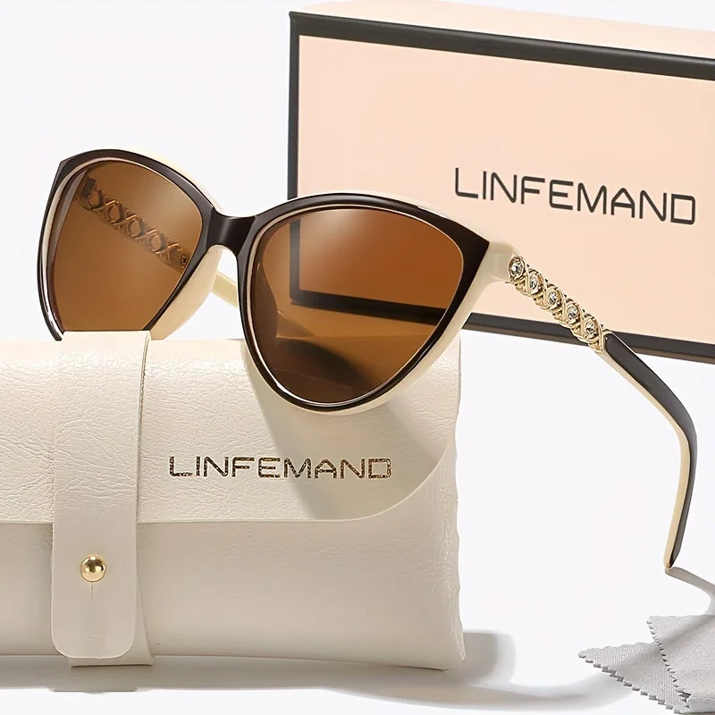LINFEMAND Cat Eye Decorative Fashion Sunglasses UV400 Brand Engraved Design Summer Festival Gift