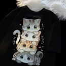 Cute Cartoon Cat Print Women's Round Neck Short Sleeved T-shirt Casual Loose Versatile Summer Tshirt