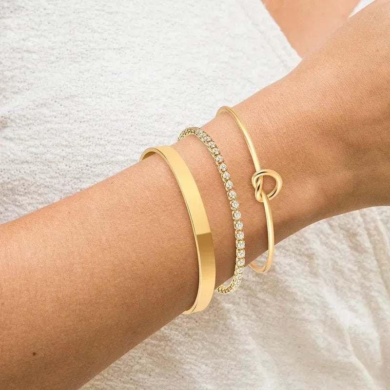 3pcs/set Stainless Steel Stack Cuff Bracelets for Women 14K Silver Plated Adjustable Jewelry Luxury CZ Chain Love Knot Bangles