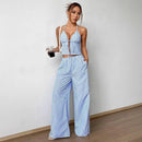 Striped Lace Up Camisole Collar Sleeveless Backless Hollowed Out Vest With Elastic Straight Leg Loose Pants Casual Two-piece Set