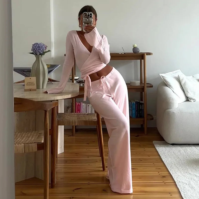 Apprabant Casual Fashion Drawstring High Waist Trousers Set Lace Up Flared Sleeve V Neck Twist Tops Plush Loose Pants Suit