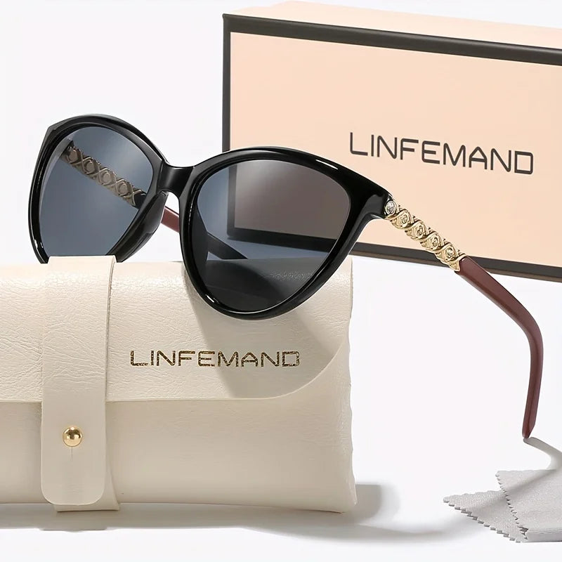 LINFEMAND Cat Eye Decorative Fashion Sunglasses UV400 Brand Engraved Design Summer Festival Gift
