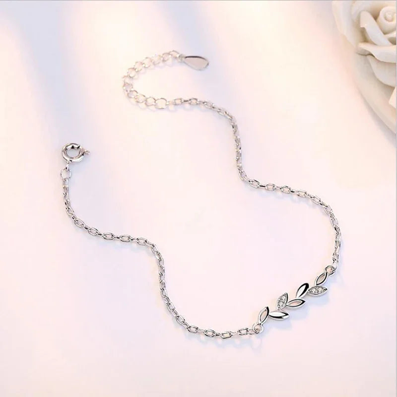925 Sterling Silver Leaves Charm Bracelets For Women Crystal Jewelry pulseira