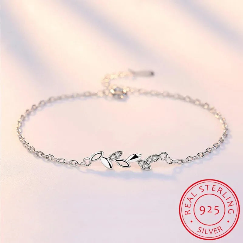 925 Sterling Silver Leaves Charm Bracelets For Women Crystal Jewelry pulseira