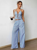 Striped Lace Up Camisole Collar Sleeveless Backless Hollowed Out Vest With Elastic Straight Leg Loose Pants Casual Two-piece Set