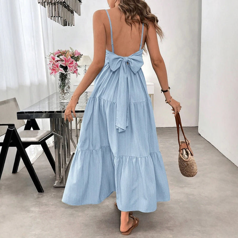 Mia Muse Summer Dresses 2025 Women's Beach Plain Bowknot Backless Spaghetti Strap Scoop Neck Layered Midi Basics Dresses