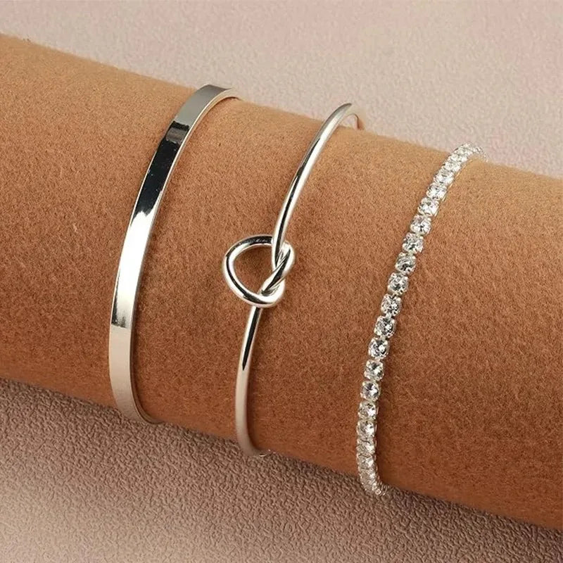 3pcs/set Stainless Steel Stack Cuff Bracelets for Women 14K Silver Plated Adjustable Jewelry Luxury CZ Chain Love Knot Bangles